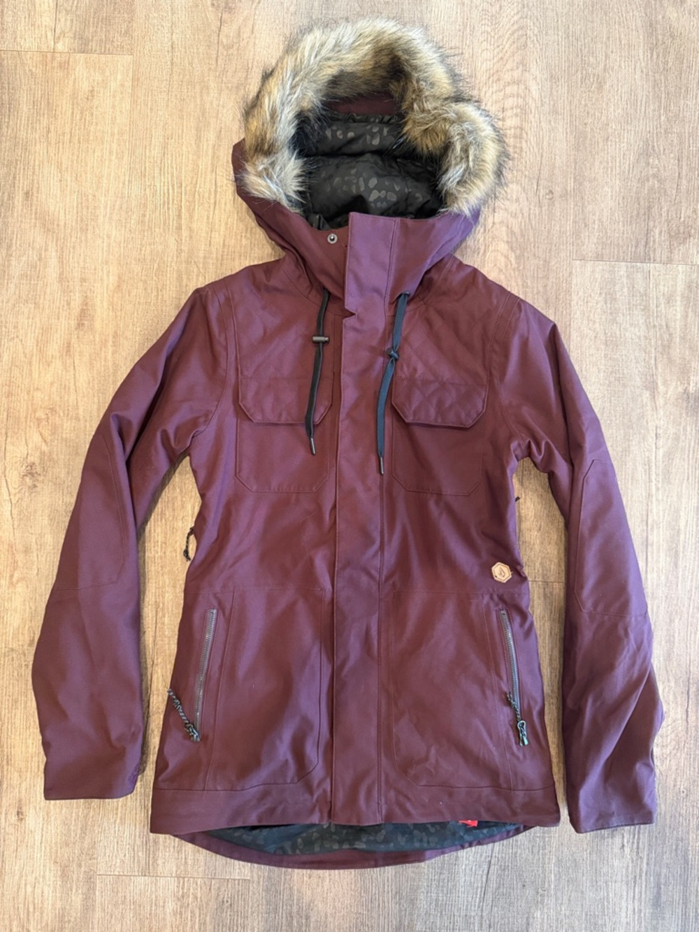 Volcom Women's Burgundy Snowboard Jacket with Faux-Fur Trim Hood